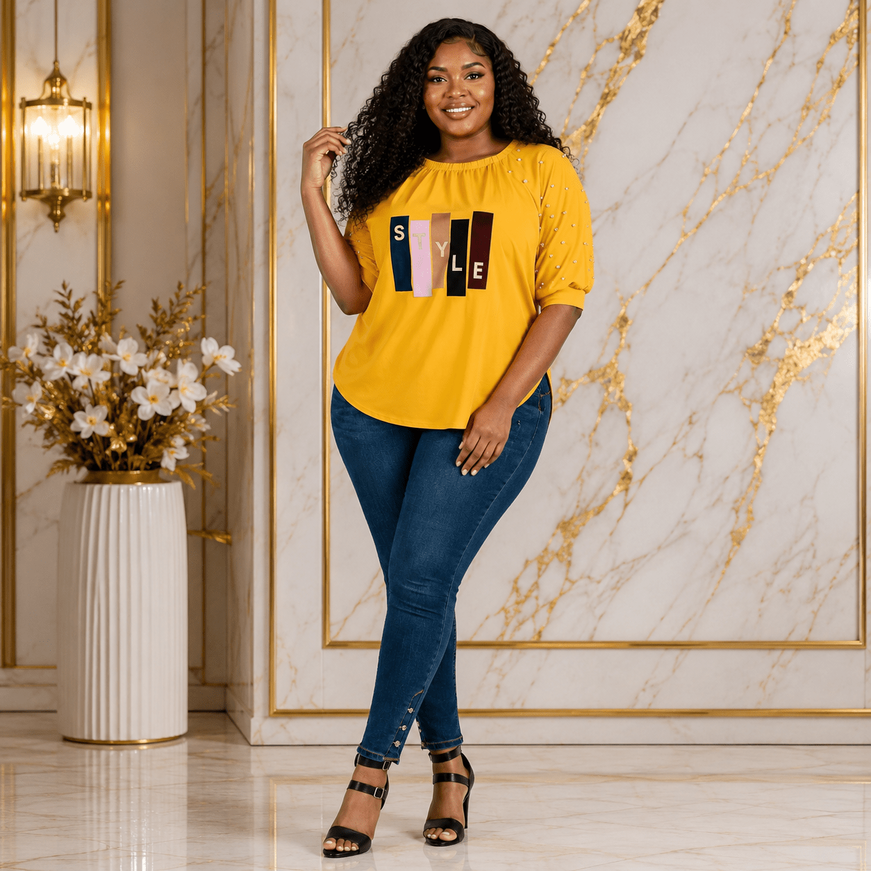 Women’s STYLE Graphic Pearl-Embellished Puff Sleeve Top – Round Neck Statement Blouse – One Size UK 8–14 - Top - Cherubim Aura