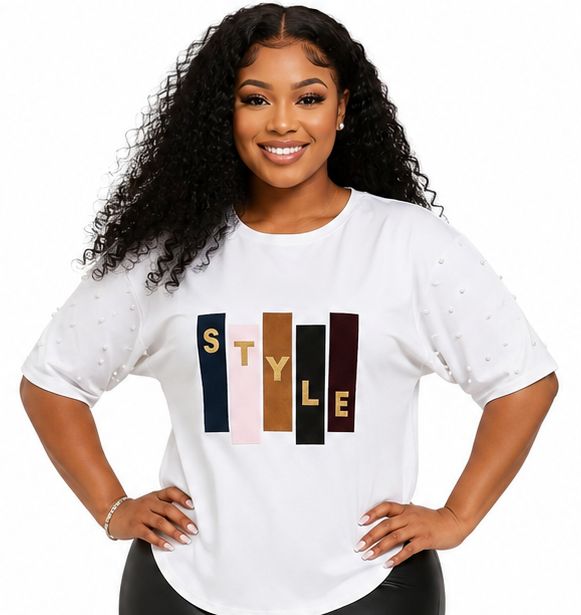 Women’s STYLE Graphic Pearl-Embellished Puff Sleeve Top – Round Neck Statement Blouse – One Size UK 8–14 - Top - Cherubim Aura