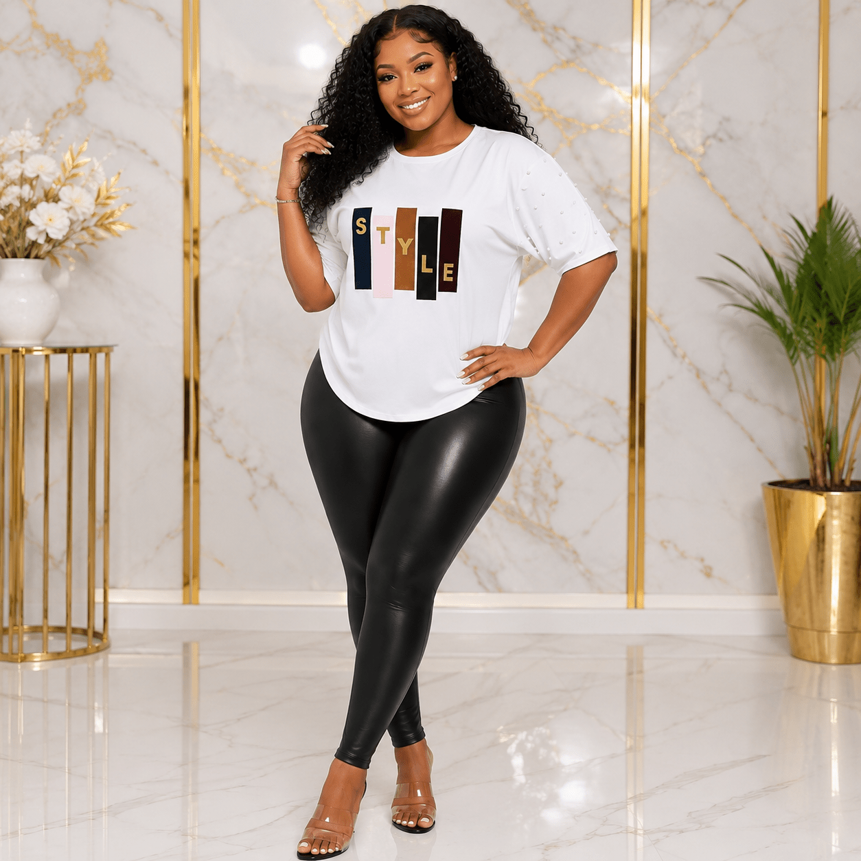 Women’s STYLE Graphic Pearl-Embellished Puff Sleeve Top – Round Neck Statement Blouse – One Size UK 8–14 - Top - Cherubim Aura