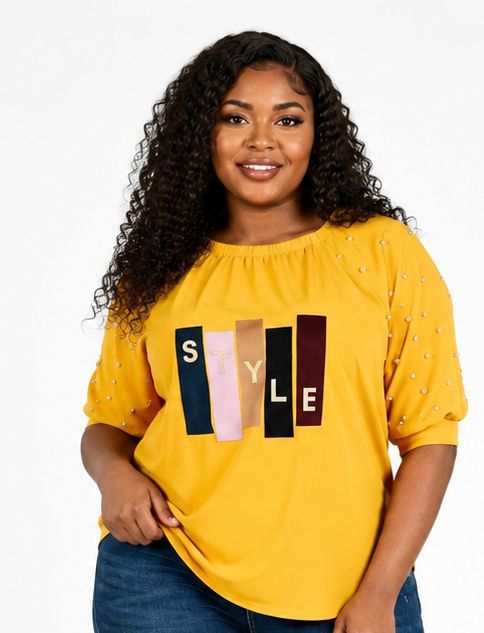 Women’s STYLE Graphic Pearl-Embellished Puff Sleeve Top – Round Neck Statement Blouse – One Size UK 8–14 - Top - Cherubim Aura