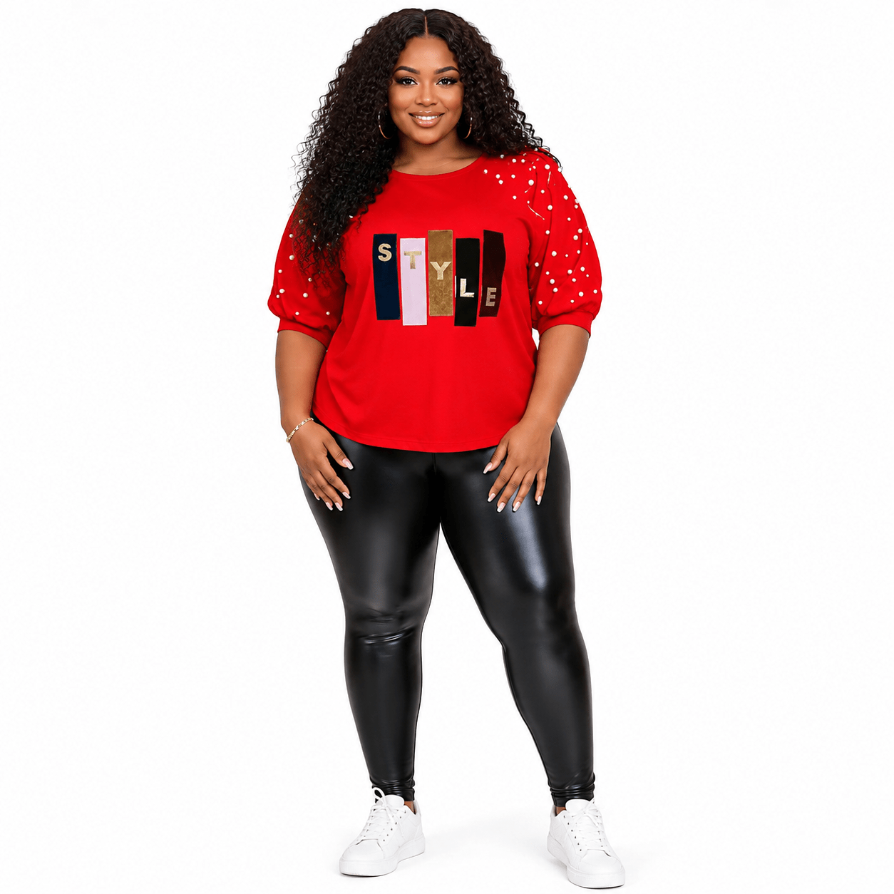Women’s STYLE Graphic Pearl-Embellished Puff Sleeve Top – Round Neck Statement Blouse – One Size UK 8–14 - Top - Cherubim Aura