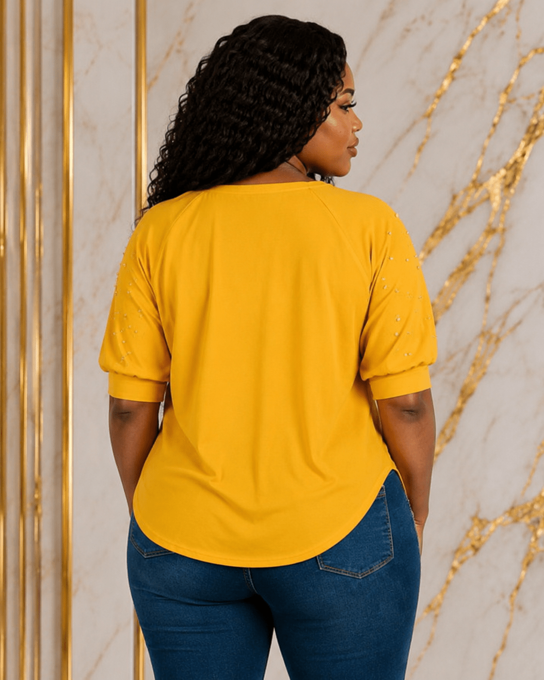 Women’s STYLE Graphic Pearl-Embellished Puff Sleeve Top – Round Neck Statement Blouse – One Size UK 8–14 - Top - Cherubim Aura