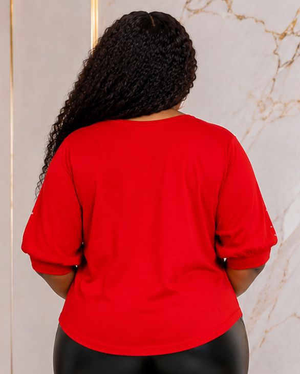 Women’s STYLE Graphic Pearl-Embellished Puff Sleeve Top – Round Neck Statement Blouse – One Size UK 8–14 - Top - Cherubim Aura
