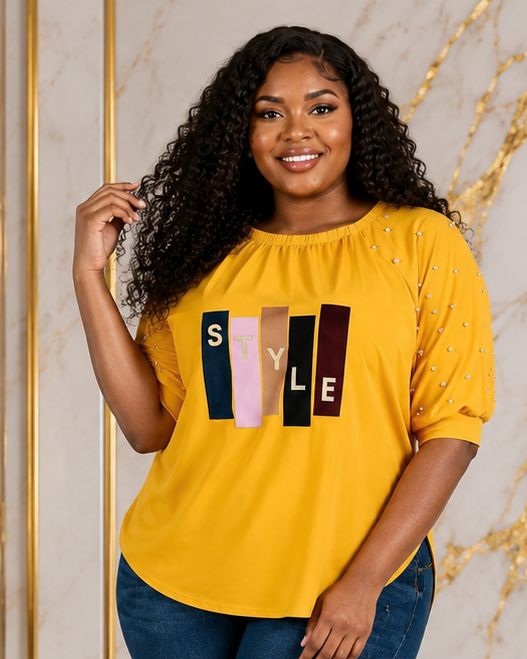 Women’s STYLE Graphic Pearl-Embellished Puff Sleeve Top – Round Neck Statement Blouse – One Size UK 8–14 - Top - Cherubim Aura