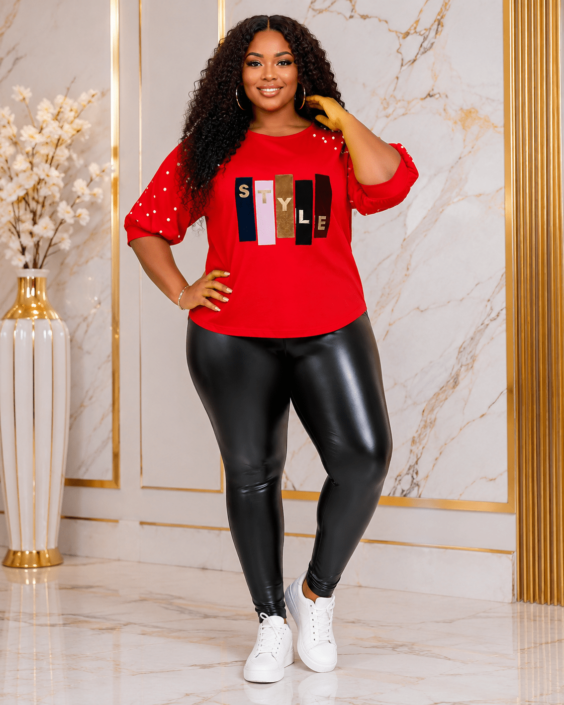 Women’s STYLE Graphic Pearl-Embellished Puff Sleeve Top – Round Neck Statement Blouse – One Size UK 8–14 - Top - Cherubim Aura
