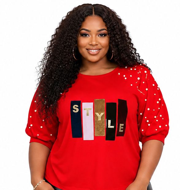 Women’s STYLE Graphic Pearl-Embellished Puff Sleeve Top – Round Neck Statement Blouse – One Size UK 8–14 - Top - Cherubim Aura
