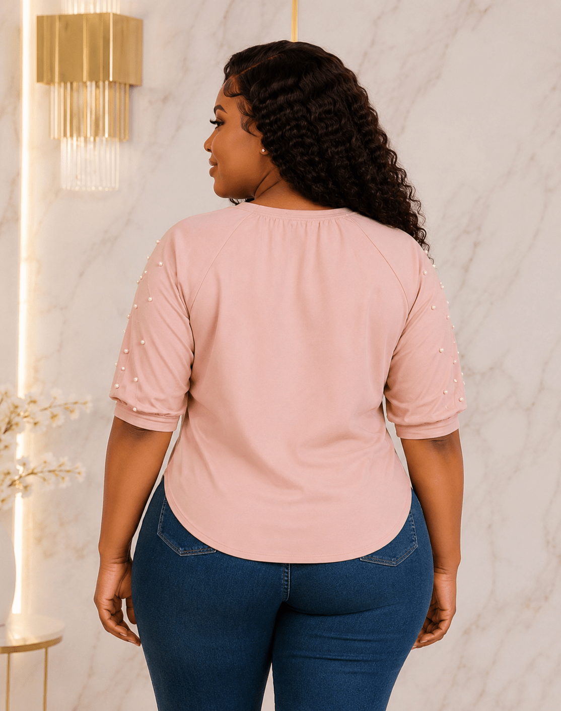 Women’s STYLE Graphic Pearl-Embellished Puff Sleeve Top – Round Neck Statement Blouse – One Size UK 8–14 - Top - Cherubim Aura