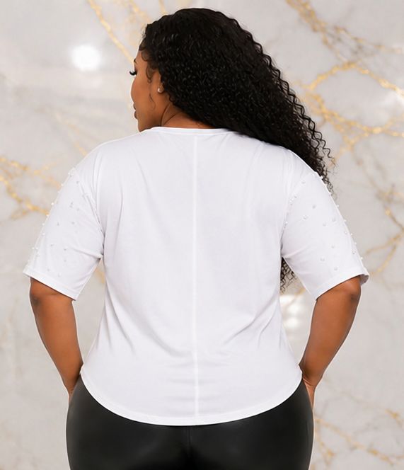 Women’s STYLE Graphic Pearl-Embellished Puff Sleeve Top – Round Neck Statement Blouse – One Size UK 8–14 - Top - Cherubim Aura