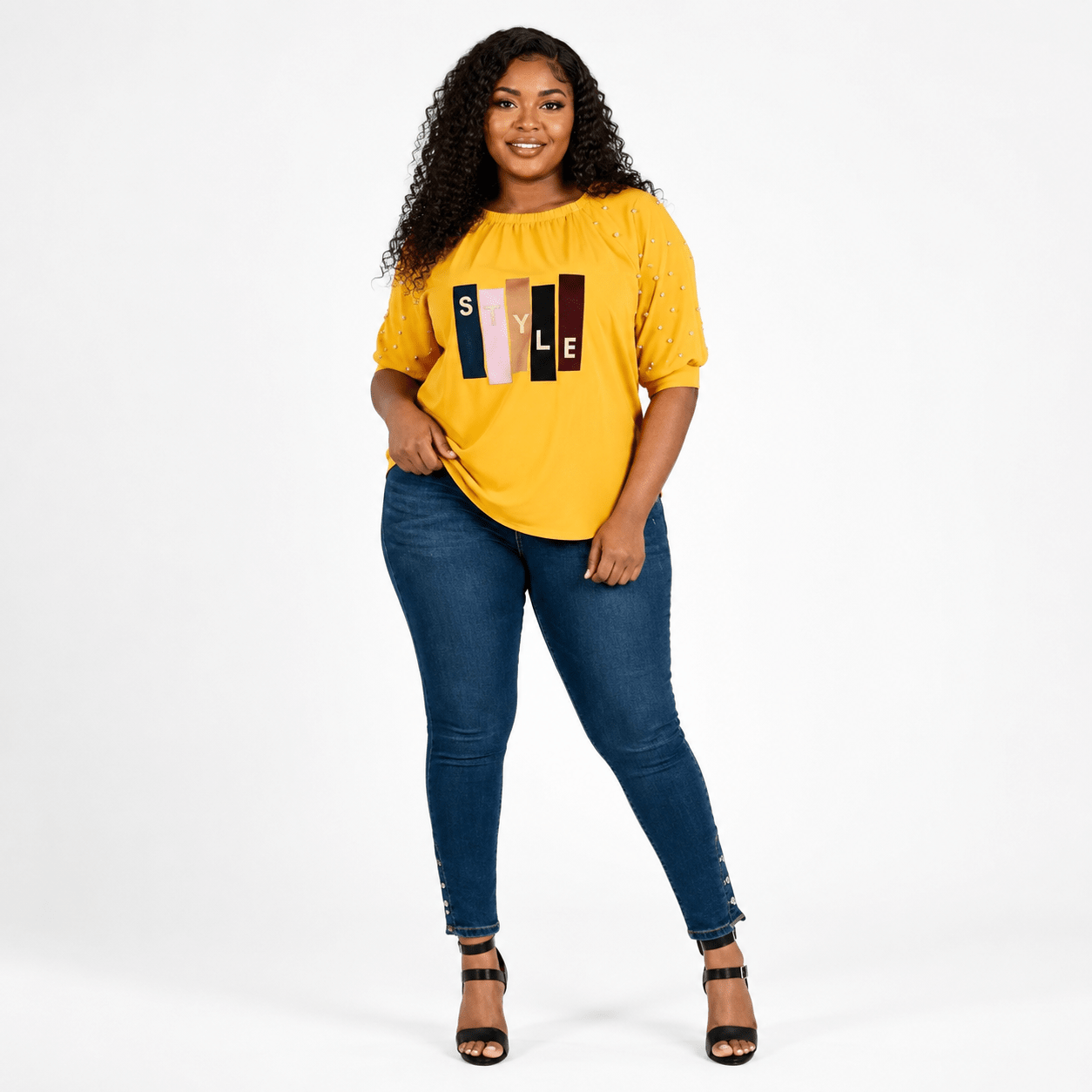Women’s STYLE Graphic Pearl-Embellished Puff Sleeve Top – Round Neck Statement Blouse – One Size UK 8–14 - Top - Cherubim Aura