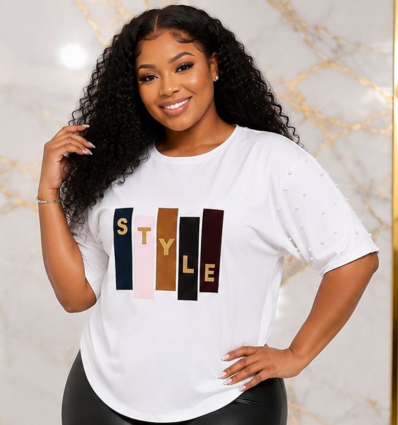 Women’s STYLE Graphic Pearl-Embellished Puff Sleeve Top – Round Neck Statement Blouse – One Size UK 8–14 - Top - Cherubim Aura