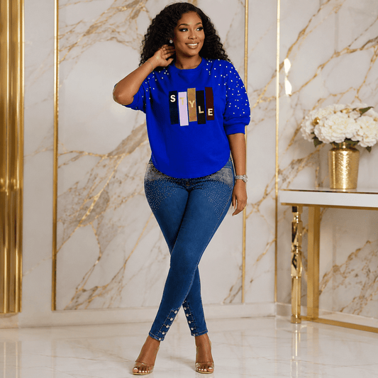 Women’s STYLE Graphic Pearl-Embellished Puff Sleeve Top – Round Neck Statement Blouse – One Size UK 8–14 - Top - Cherubim Aura