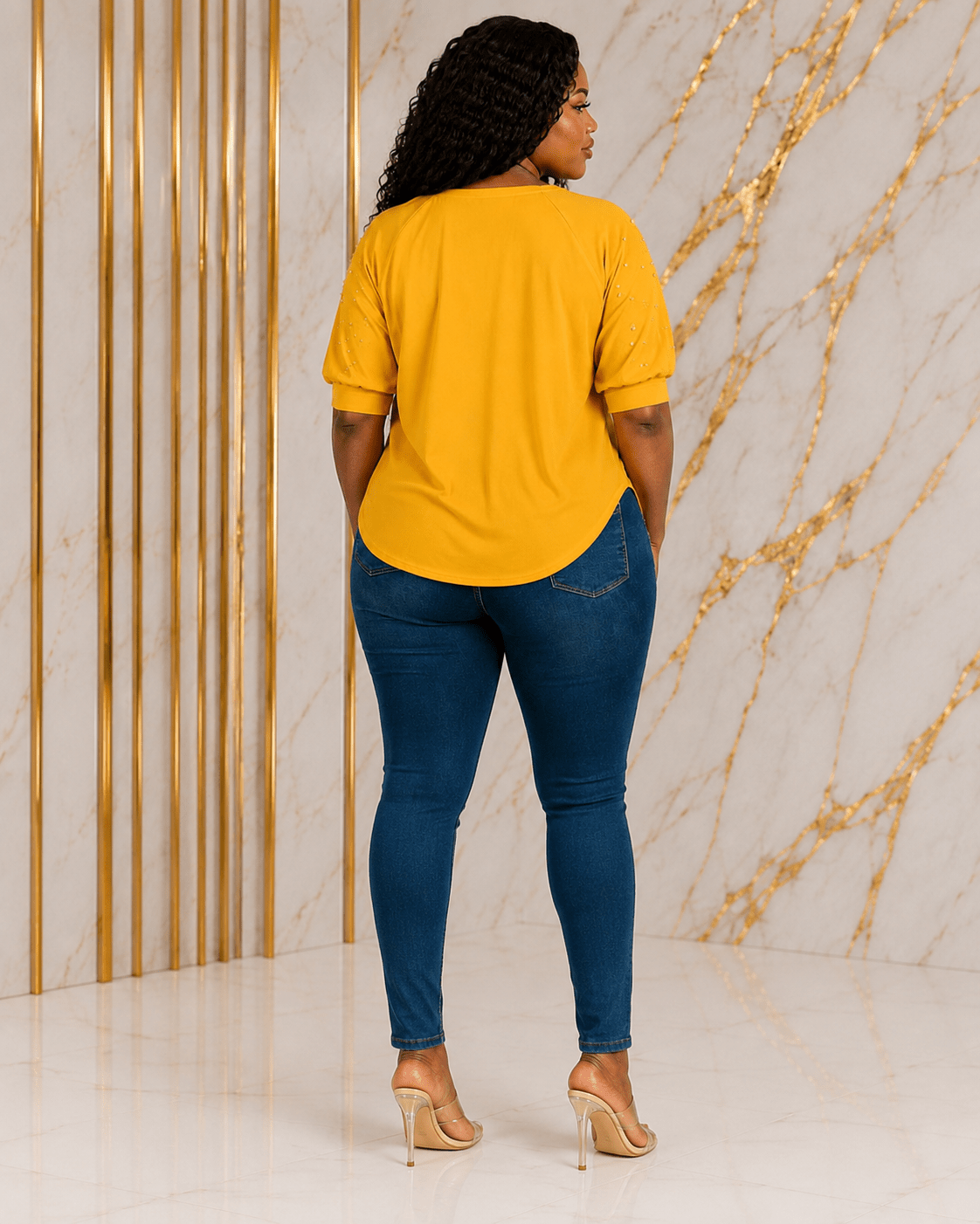 Women’s STYLE Graphic Pearl-Embellished Puff Sleeve Top – Round Neck Statement Blouse – One Size UK 8–14 - Top - Cherubim Aura