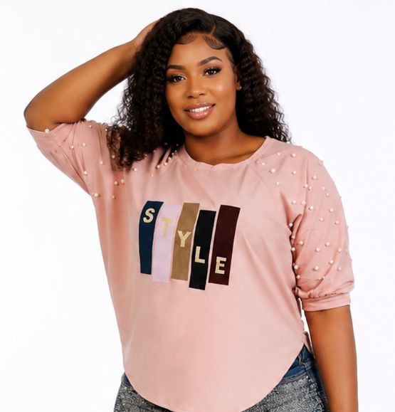 Women’s STYLE Graphic Pearl-Embellished Puff Sleeve Top – Round Neck Statement Blouse – One Size UK 8–14 - Top - Cherubim Aura