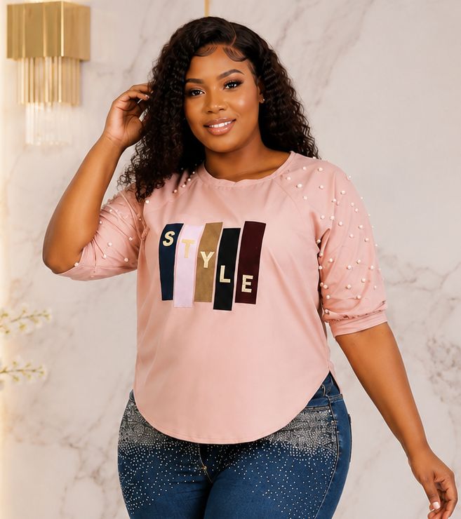 Women’s STYLE Graphic Pearl-Embellished Puff Sleeve Top – Round Neck Statement Blouse – One Size UK 8–14 - Top - Cherubim Aura