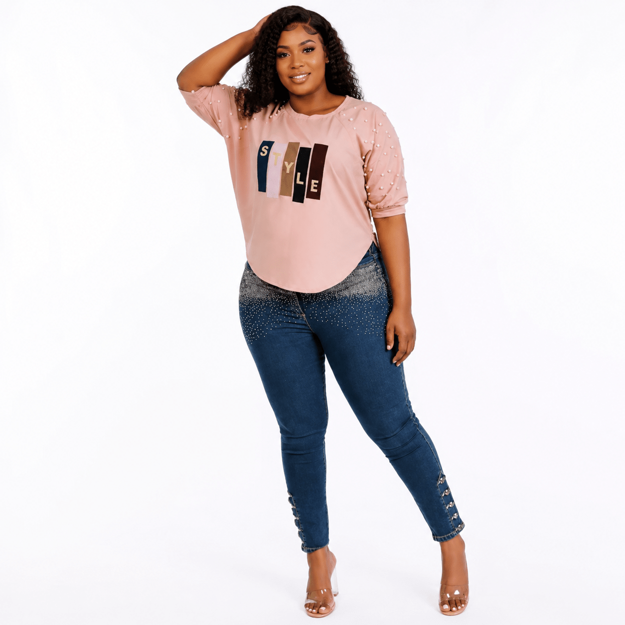 Women’s STYLE Graphic Pearl-Embellished Puff Sleeve Top – Round Neck Statement Blouse – One Size UK 8–14 - Top - Cherubim Aura