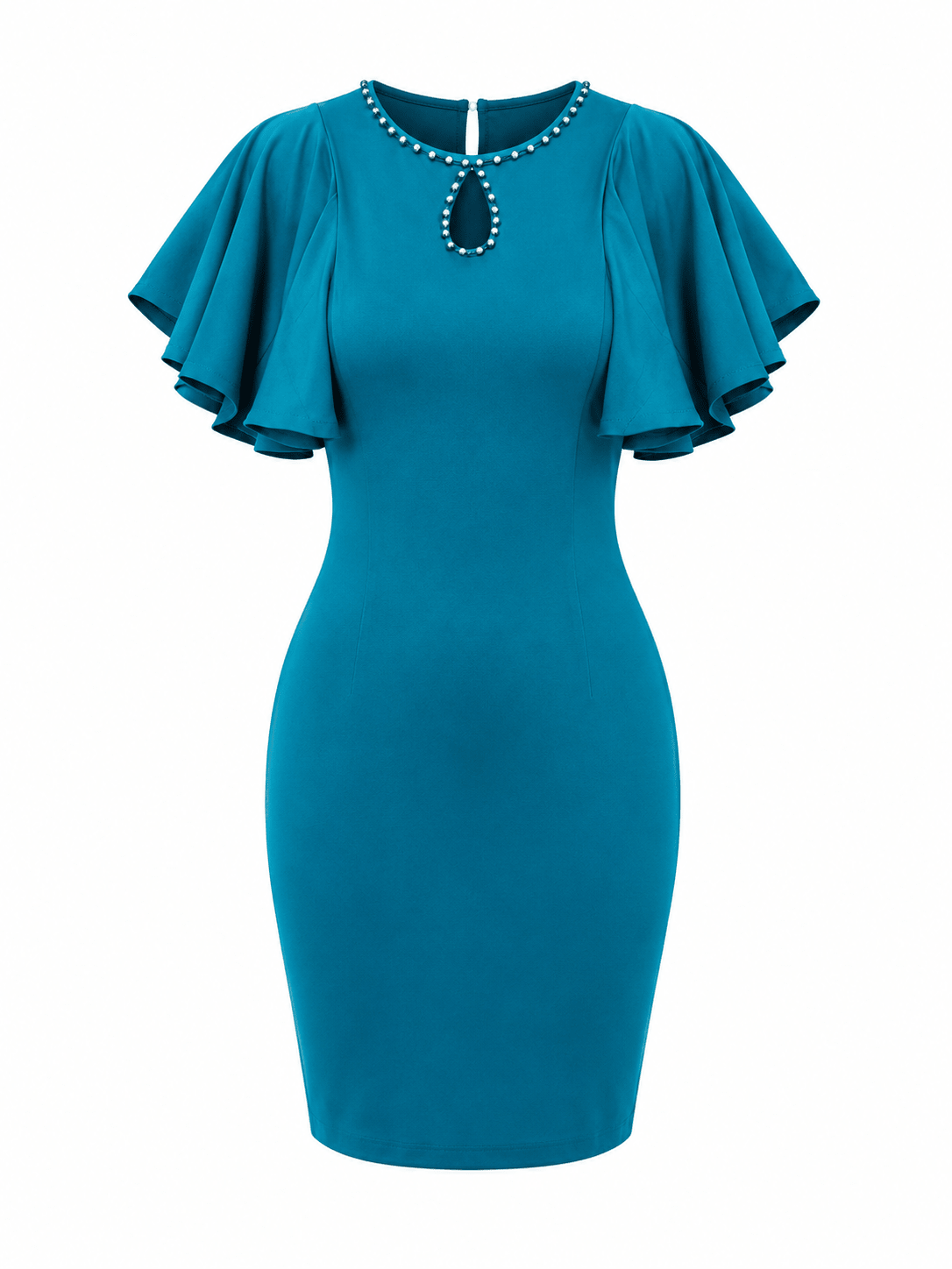 Teal Pearl Trim Cape Sleeve Mini Dress