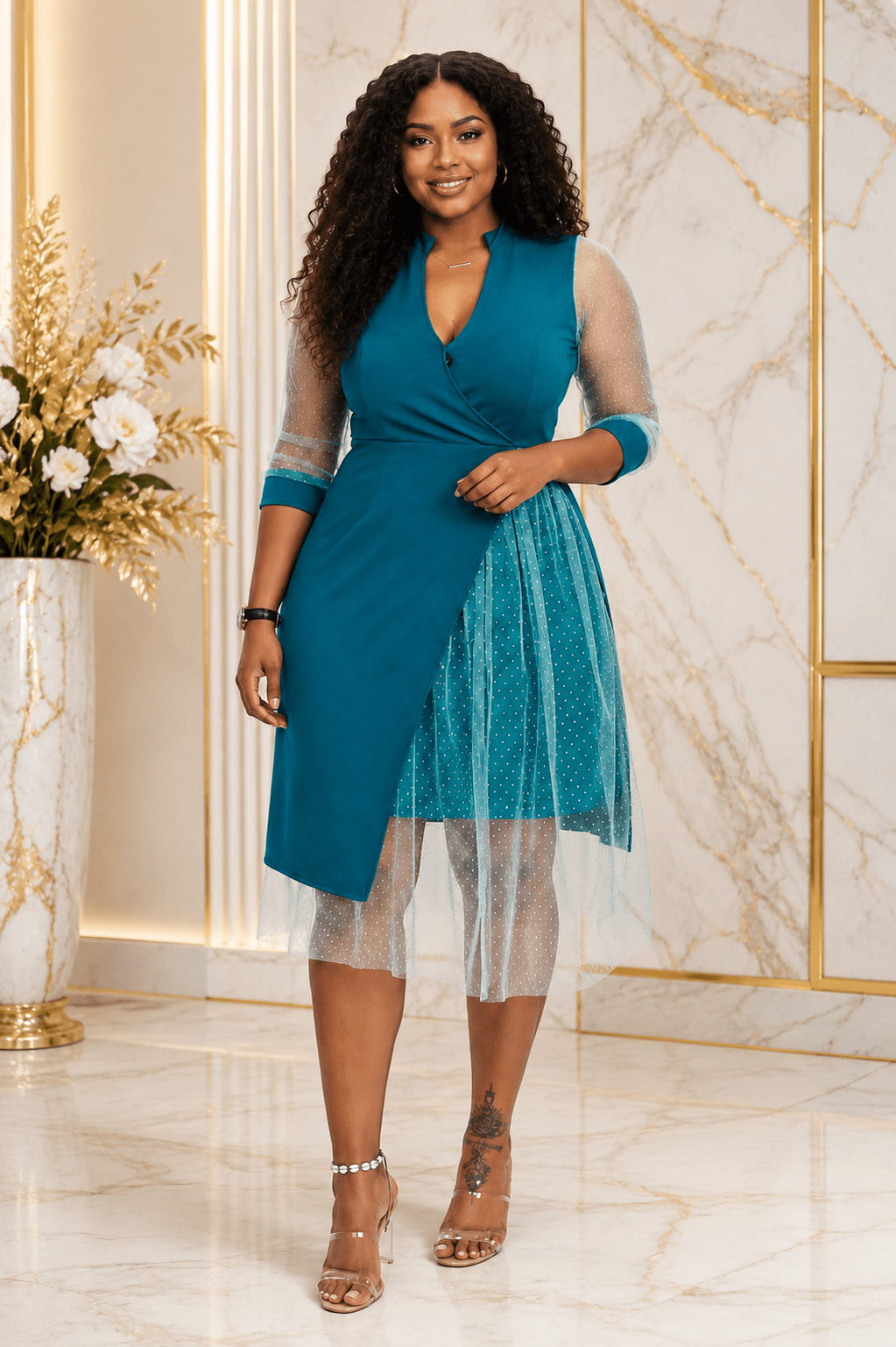 Women's Teal Mesh Sleeve Wrap Midi Dress – Elegant Polka Dot Overlay Party Dress - Midi Dresses - Cherubim Aura