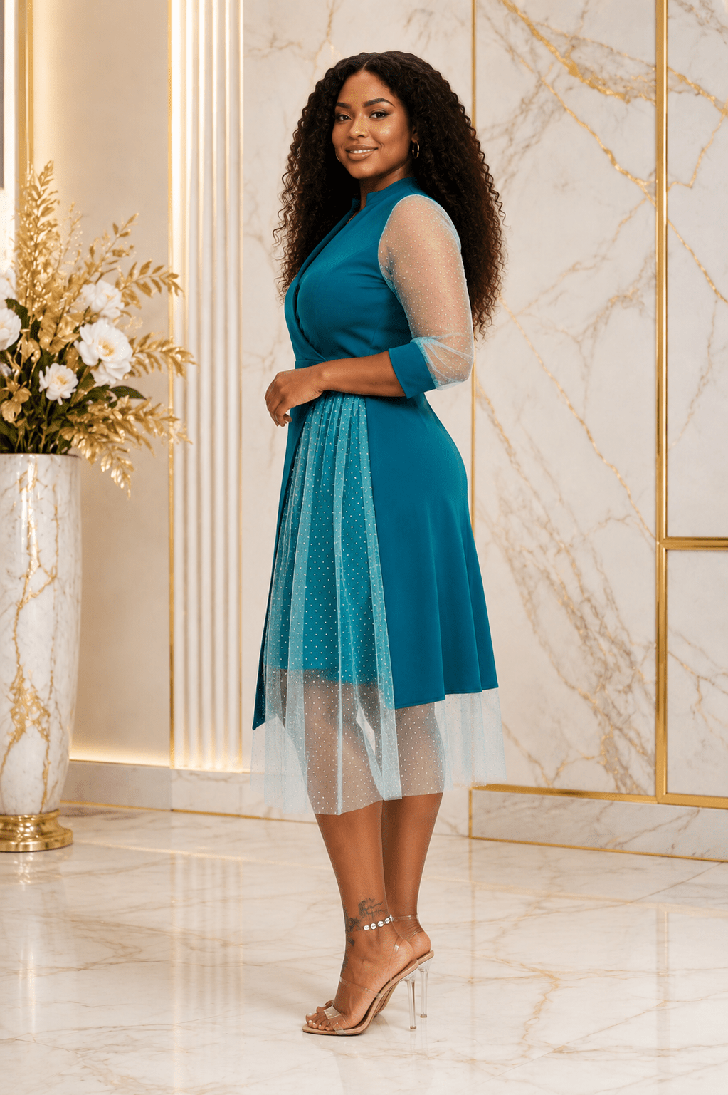 Women's Teal Mesh Sleeve Wrap Midi Dress – Elegant Polka Dot Overlay Party Dress - Midi Dresses - Cherubim Aura