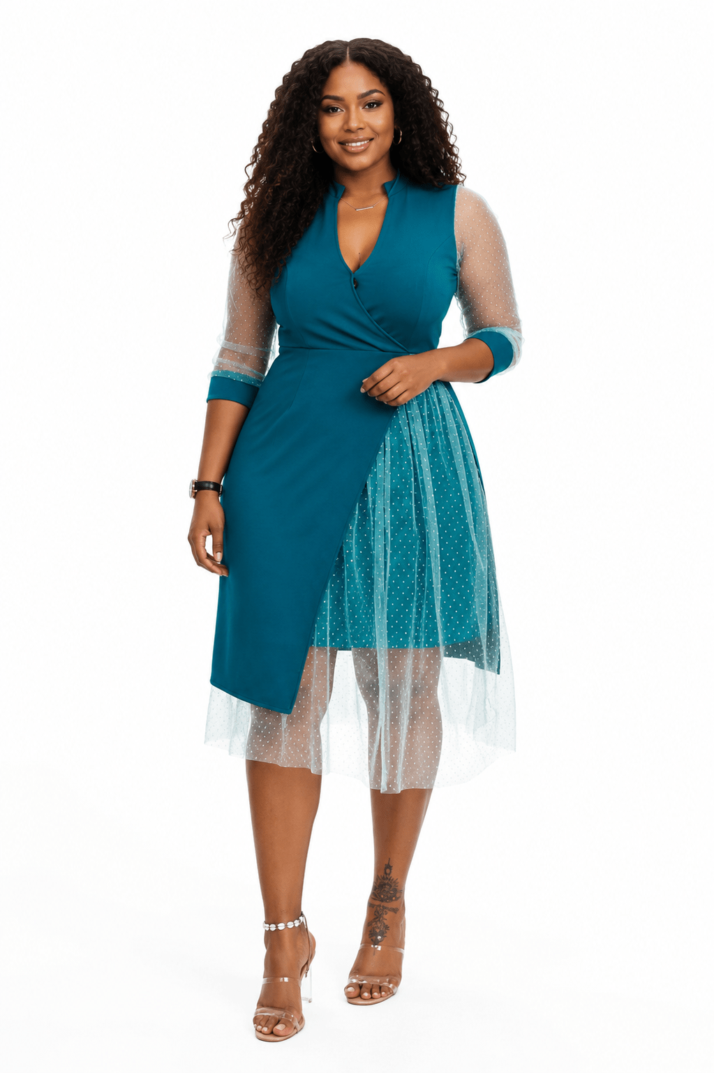 Women's Teal Mesh Sleeve Wrap Midi Dress – Elegant Polka Dot Overlay Party Dress - Midi Dresses - Cherubim Aura