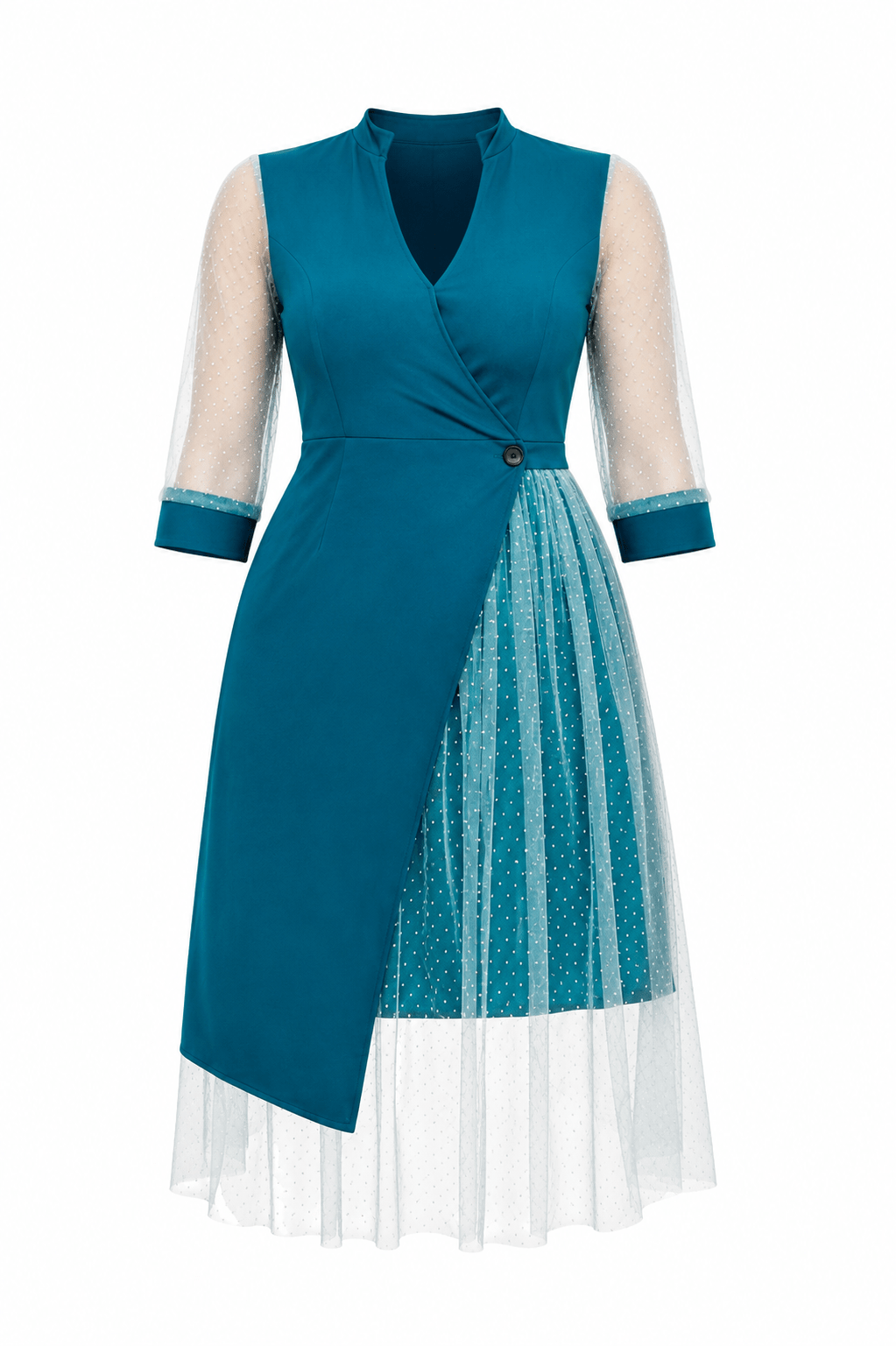 Women's Teal Mesh Sleeve Wrap Midi Dress – Elegant Polka Dot Overlay Party Dress - Midi Dresses - Cherubim Aura