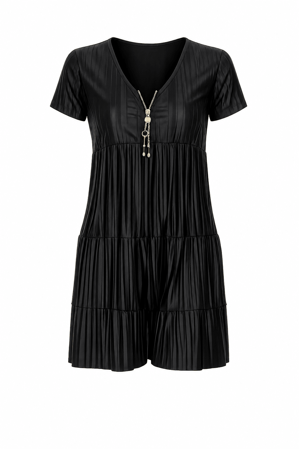 Women's Textured Tiered Smock Mini Dress – Short Sleeve V-Neck Pleated Swing Dress (Black & Orange) - Mini Dress - Cherubim Aura
