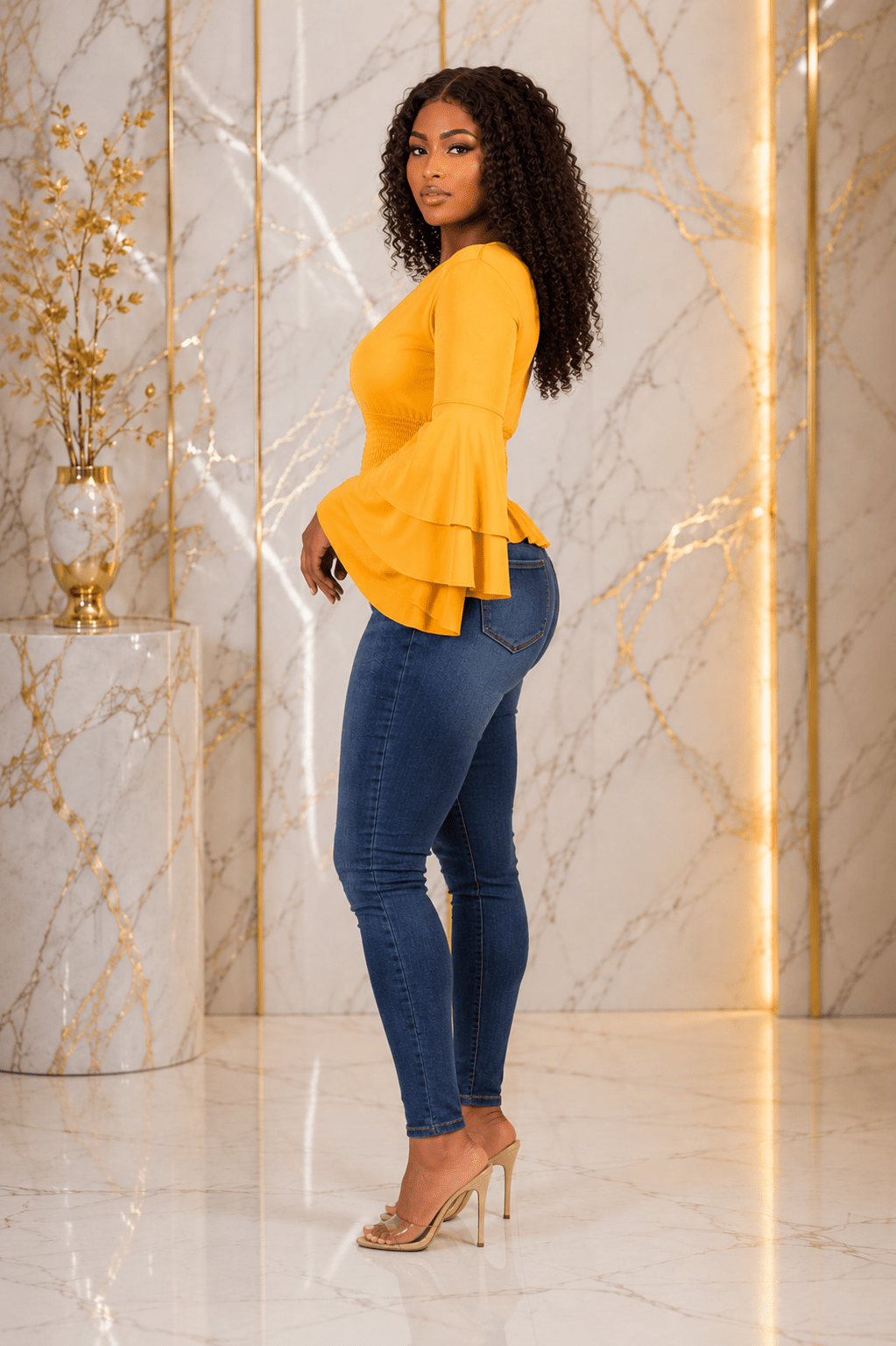 Women’s Tiered Bell Sleeve Smocked Waist Peplum Top – Ruffle Long Sleeve Dressy Blouse – One Size UK 8–12 - Top - Cherubim Aura