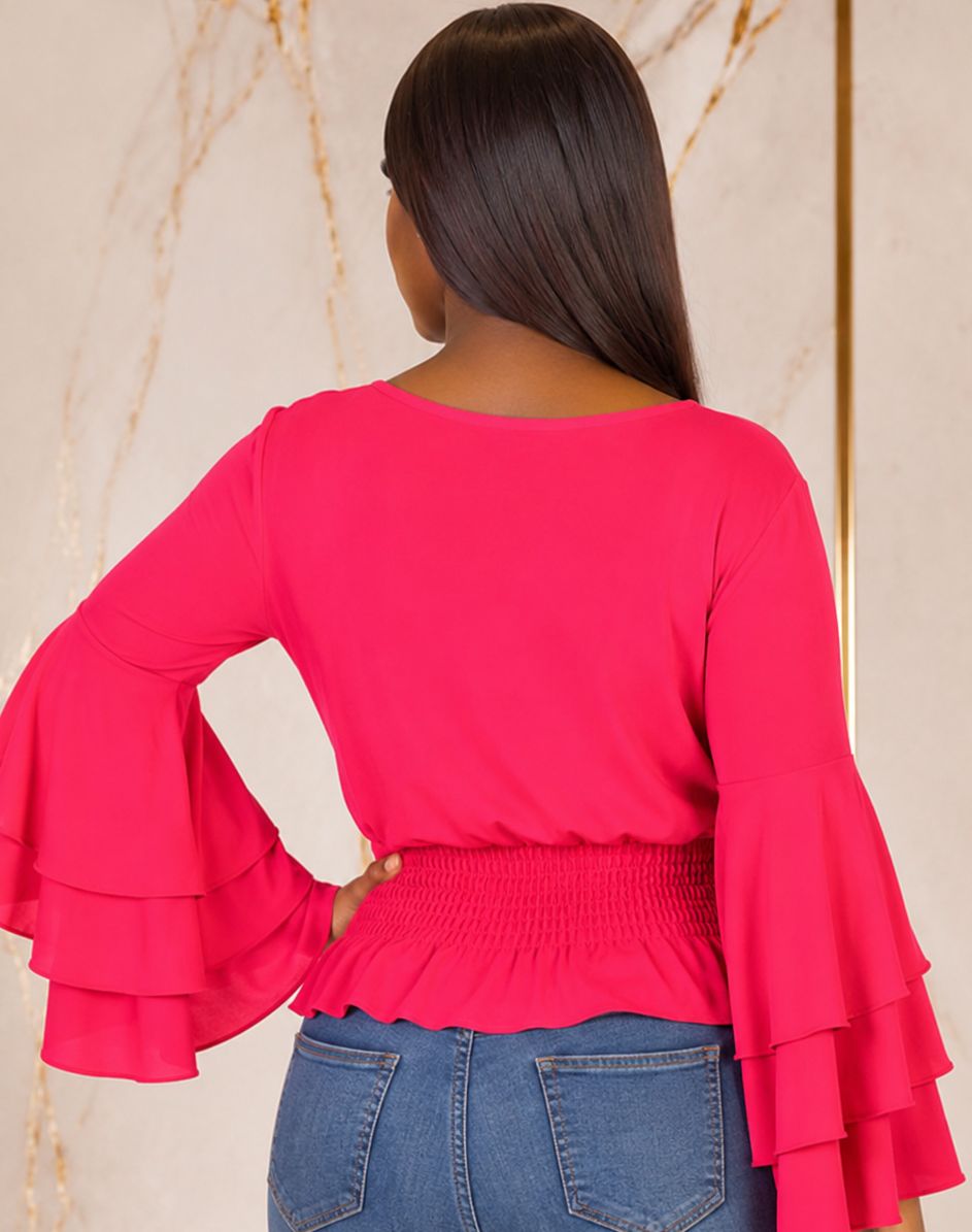 Women’s Tiered Bell Sleeve Smocked Waist Peplum Top – Ruffle Long Sleeve Dressy Blouse – One Size UK 8–12 - Top - Cherubim Aura