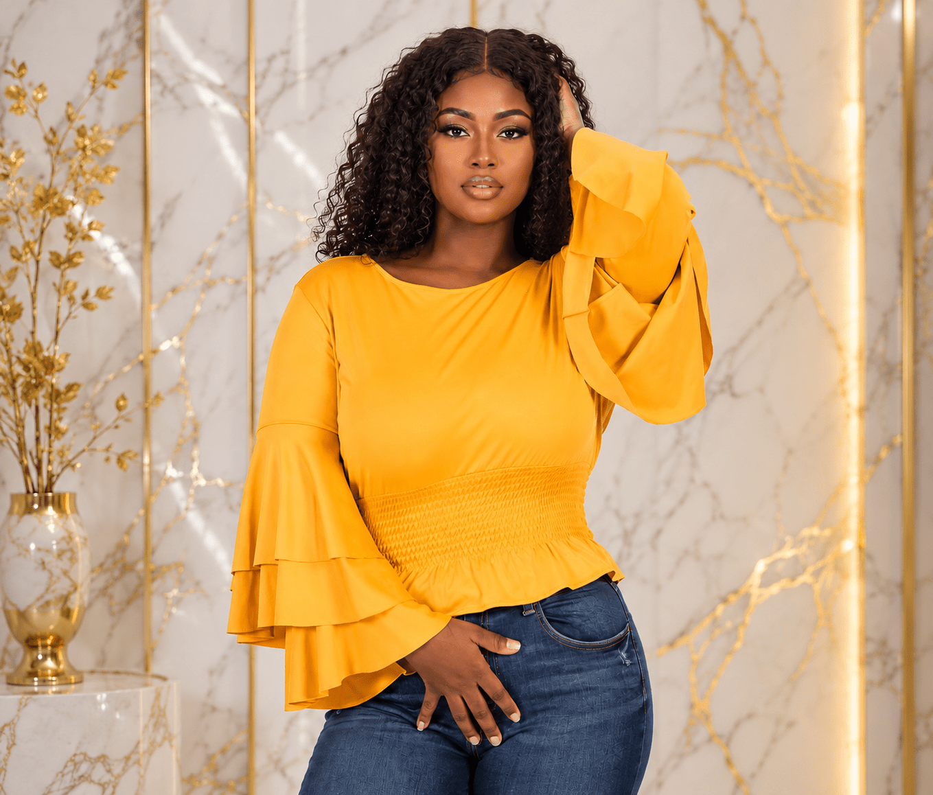 Women’s Tiered Bell Sleeve Smocked Waist Peplum Top – Ruffle Long Sleeve Dressy Blouse – One Size UK 8–12 - Top - Cherubim Aura
