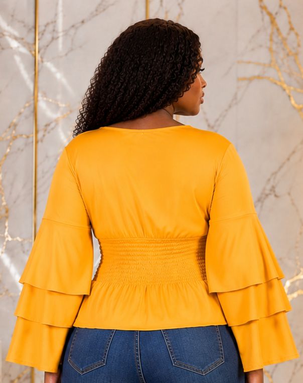 Women’s Tiered Bell Sleeve Smocked Waist Peplum Top – Ruffle Long Sleeve Dressy Blouse – One Size UK 8–12 - Top - Cherubim Aura