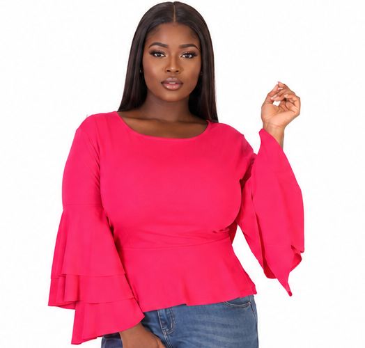 Women’s Tiered Bell Sleeve Smocked Waist Peplum Top – Ruffle Long Sleeve Dressy Blouse – One Size UK 8–12 - Top - Cherubim Aura