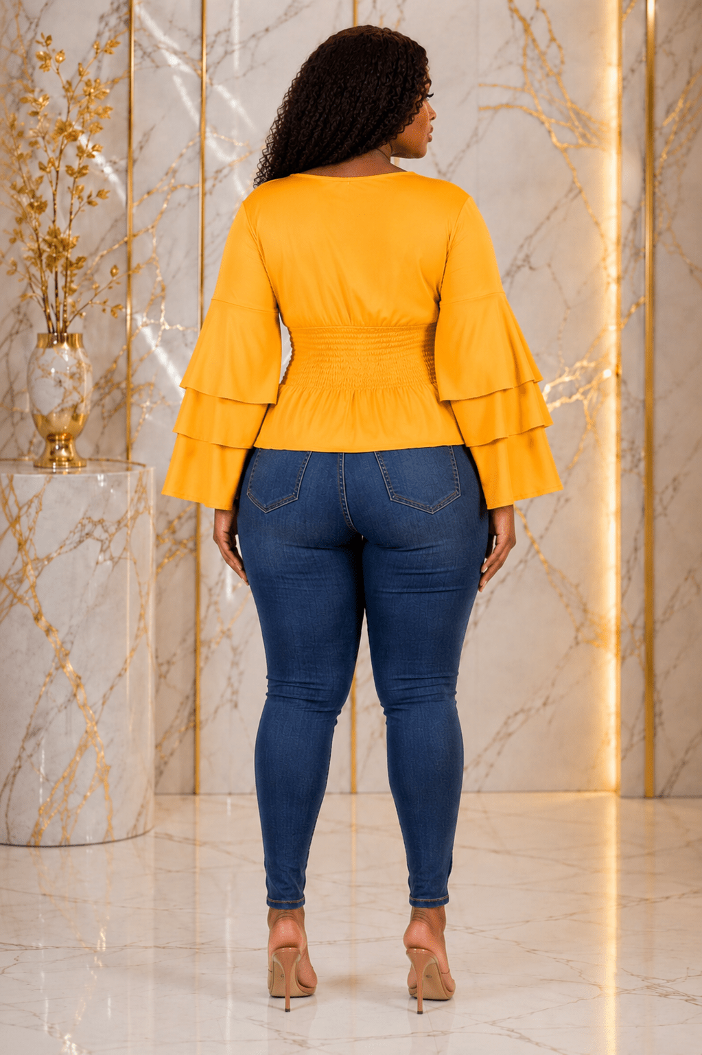 Women’s Tiered Bell Sleeve Smocked Waist Peplum Top – Ruffle Long Sleeve Dressy Blouse – One Size UK 8–12 - Top - Cherubim Aura
