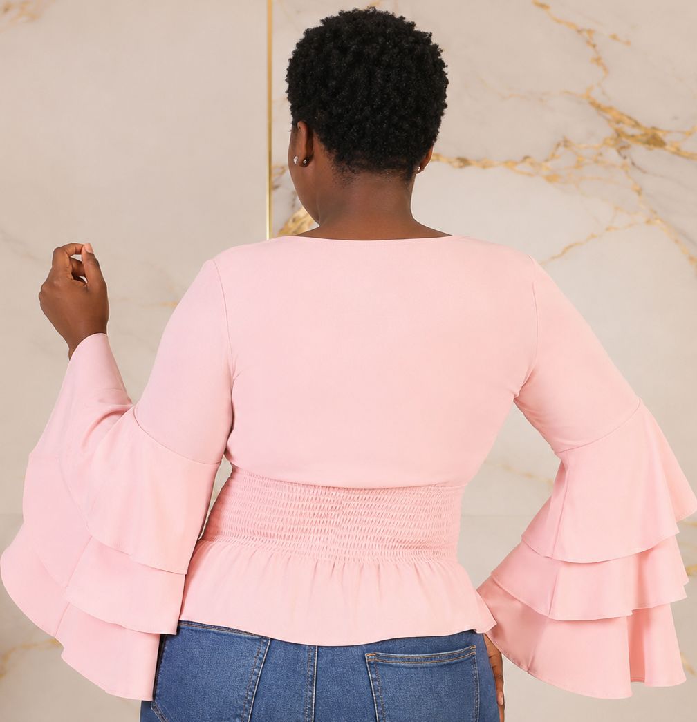 Women’s Tiered Bell Sleeve Smocked Waist Peplum Top – Ruffle Long Sleeve Dressy Blouse – One Size UK 8–12 - Top - Cherubim Aura