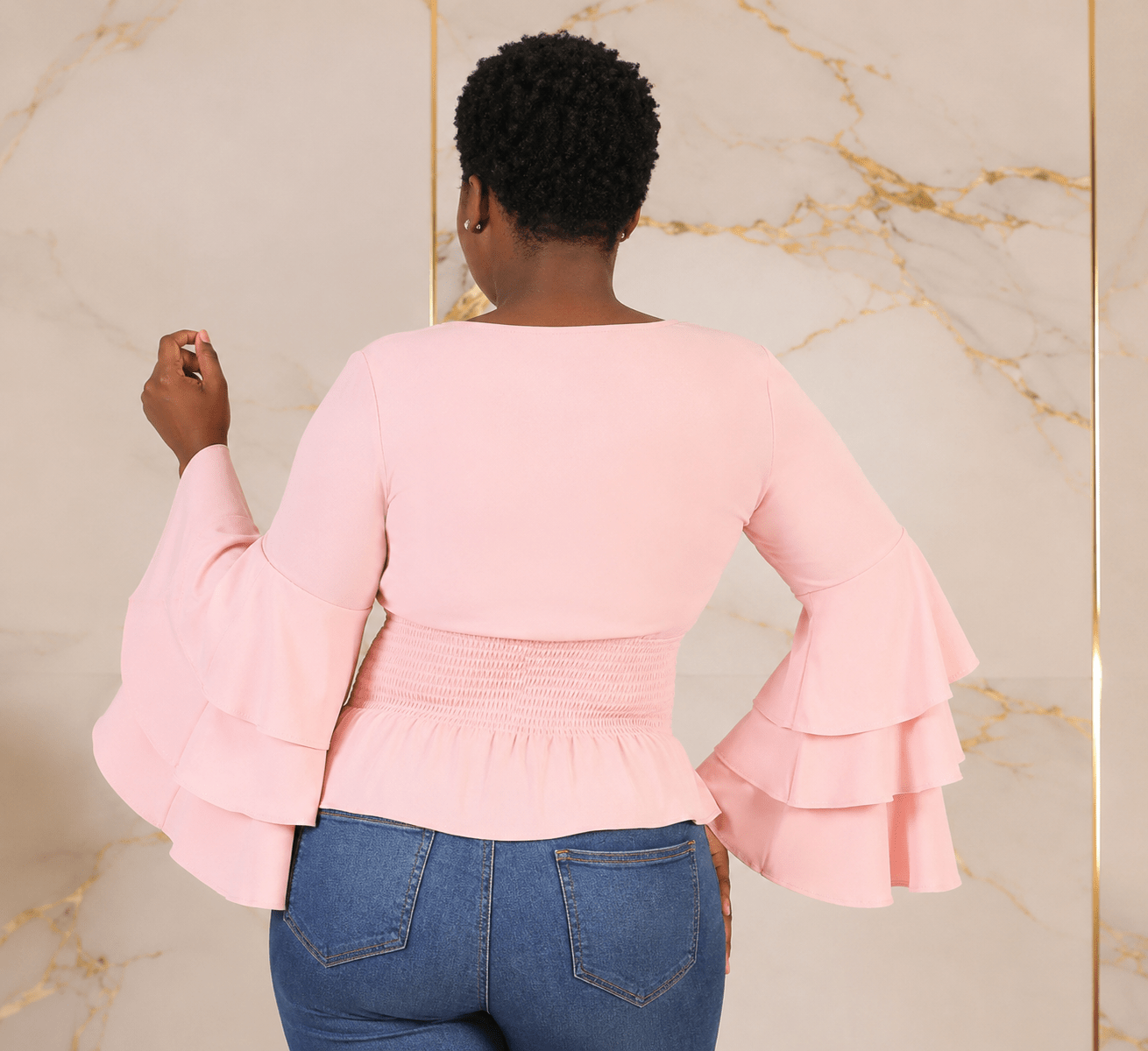 Women’s Tiered Bell Sleeve Smocked Waist Peplum Top – Ruffle Long Sleeve Dressy Blouse – One Size UK 8–12 - Top - Cherubim Aura
