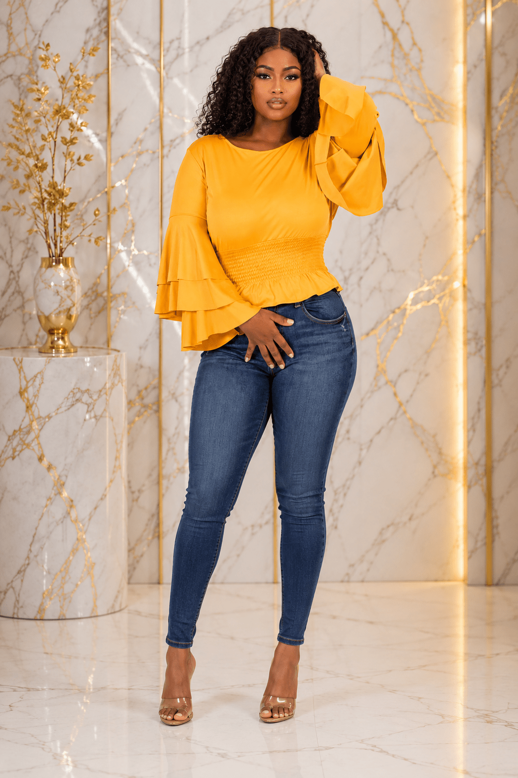 Women’s Tiered Bell Sleeve Smocked Waist Peplum Top – Ruffle Long Sleeve Dressy Blouse – One Size UK 8–12 - Top - Cherubim Aura