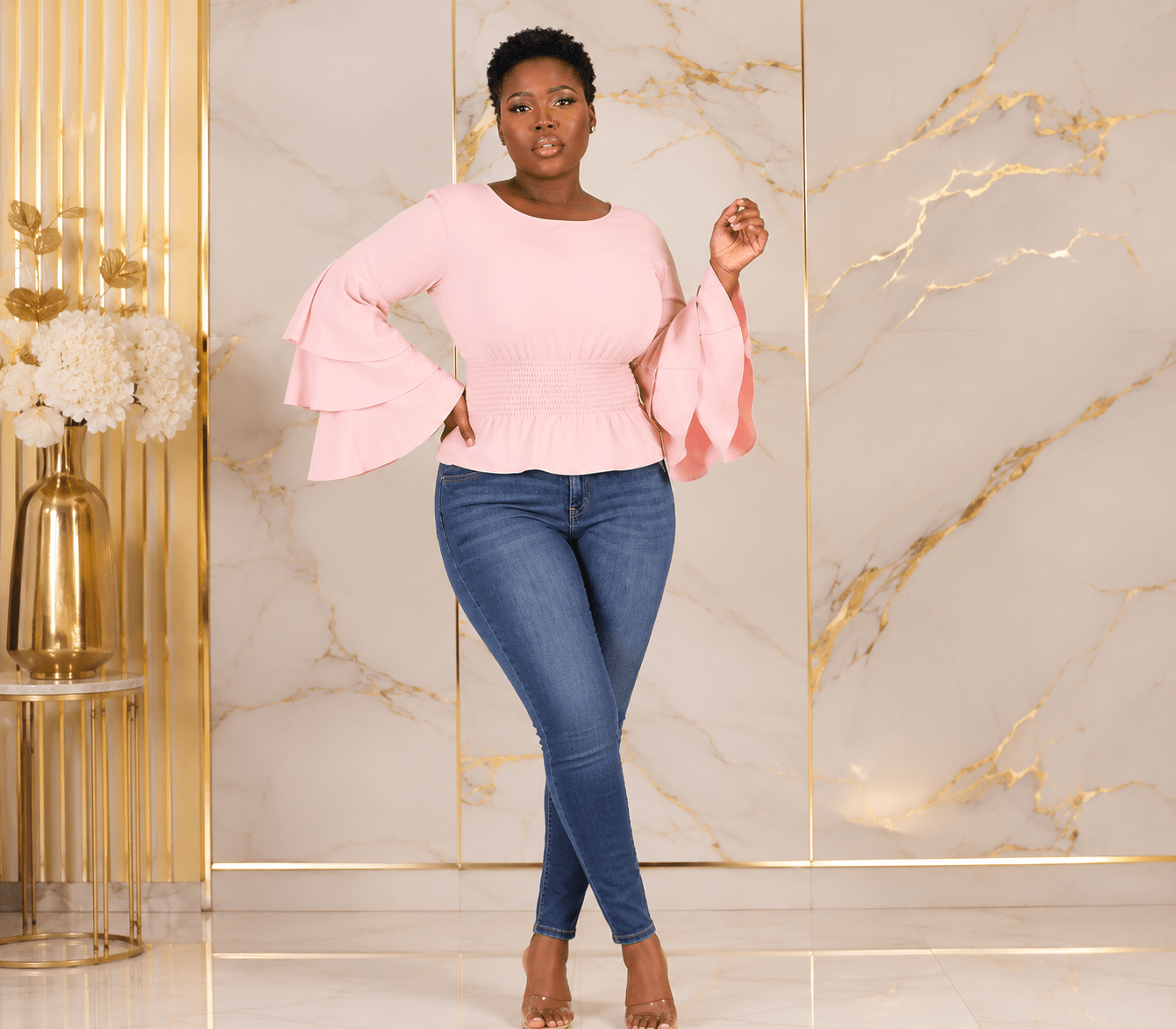 Women’s Tiered Bell Sleeve Smocked Waist Peplum Top – Ruffle Long Sleeve Dressy Blouse – One Size UK 8–12 - Top - Cherubim Aura