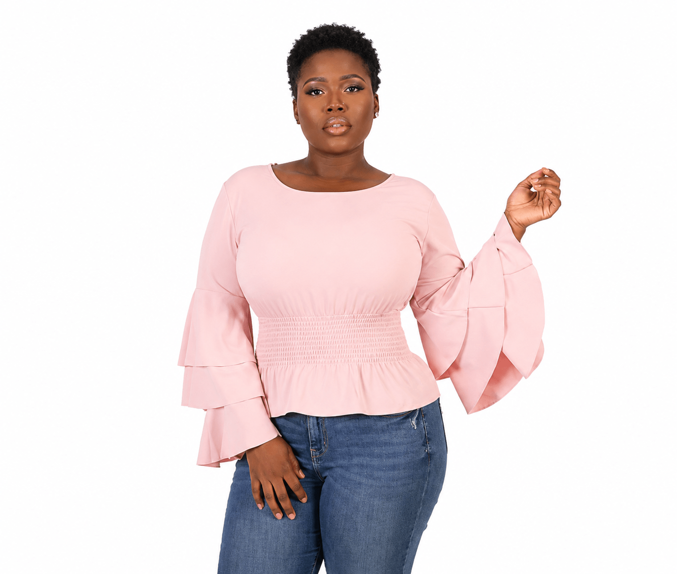 Women’s Tiered Bell Sleeve Smocked Waist Peplum Top – Ruffle Long Sleeve Dressy Blouse – One Size UK 8–12 - Top - Cherubim Aura