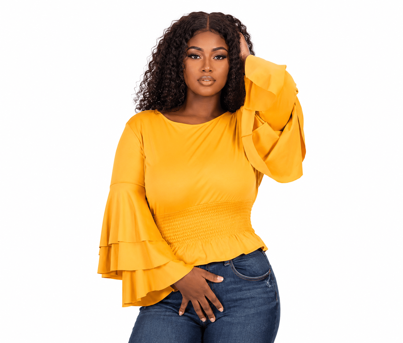 Women’s Tiered Bell Sleeve Smocked Waist Peplum Top – Ruffle Long Sleeve Dressy Blouse – One Size UK 8–12 - Top - Cherubim Aura