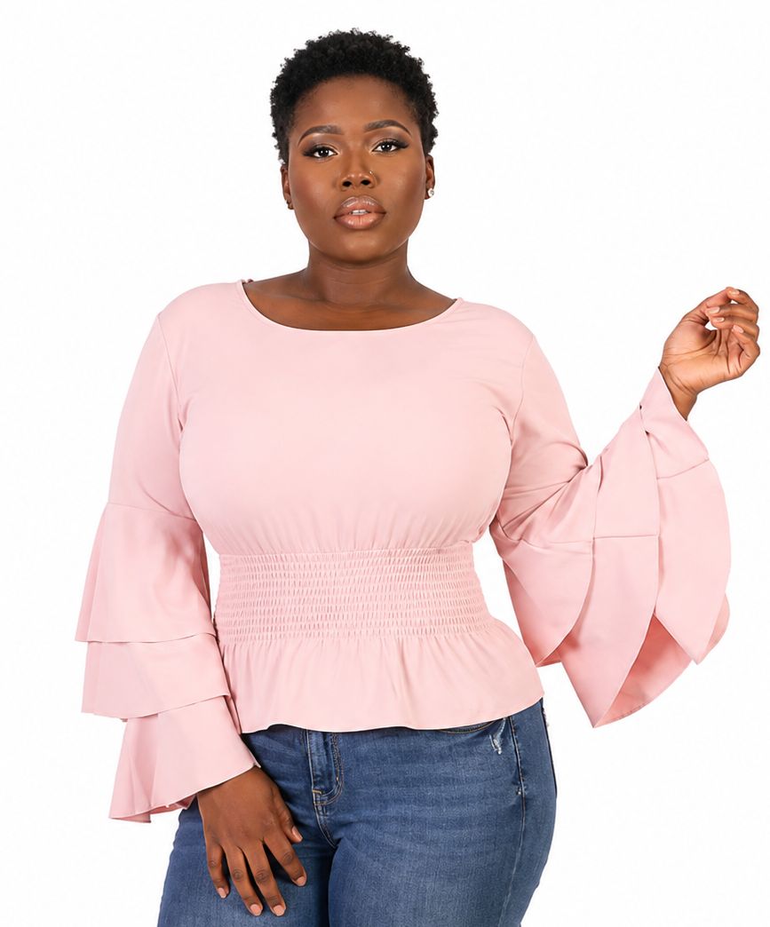 Women’s Tiered Bell Sleeve Smocked Waist Peplum Top – Ruffle Long Sleeve Dressy Blouse – One Size UK 8–12 - Top - Cherubim Aura