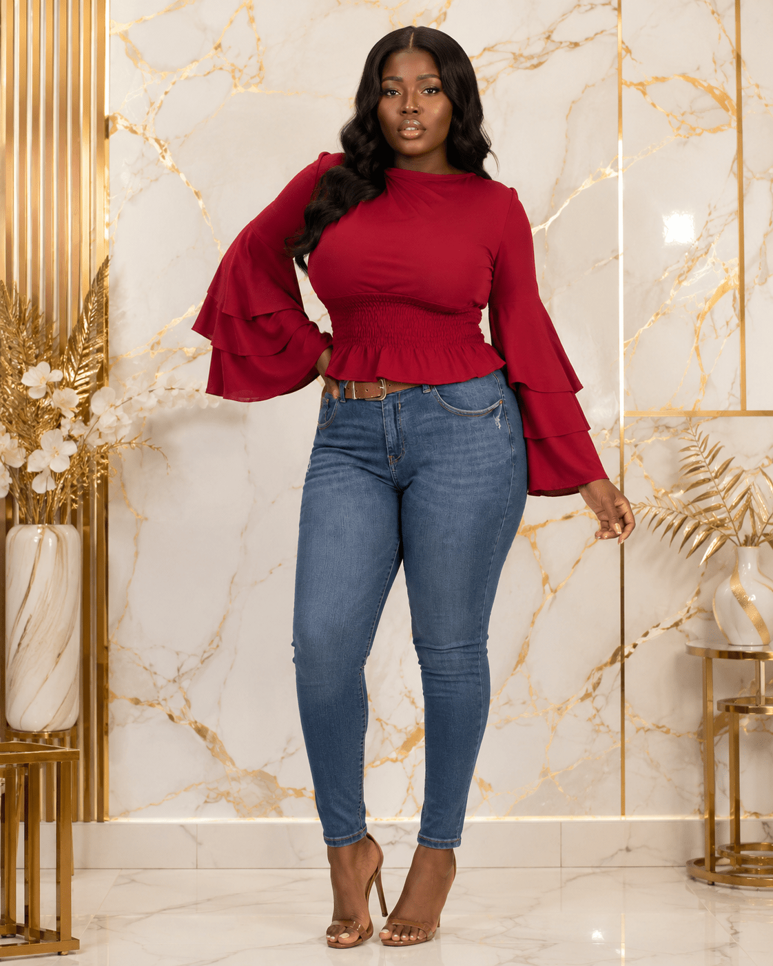 Women’s Tiered Bell Sleeve Smocked Waist Peplum Top – Ruffle Long Sleeve Dressy Blouse – One Size UK 8–12 - Top - Cherubim Aura