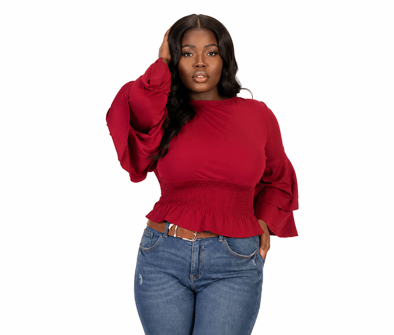 Women’s Tiered Bell Sleeve Smocked Waist Peplum Top – Ruffle Long Sleeve Dressy Blouse – One Size UK 8–12 - Top - Cherubim Aura