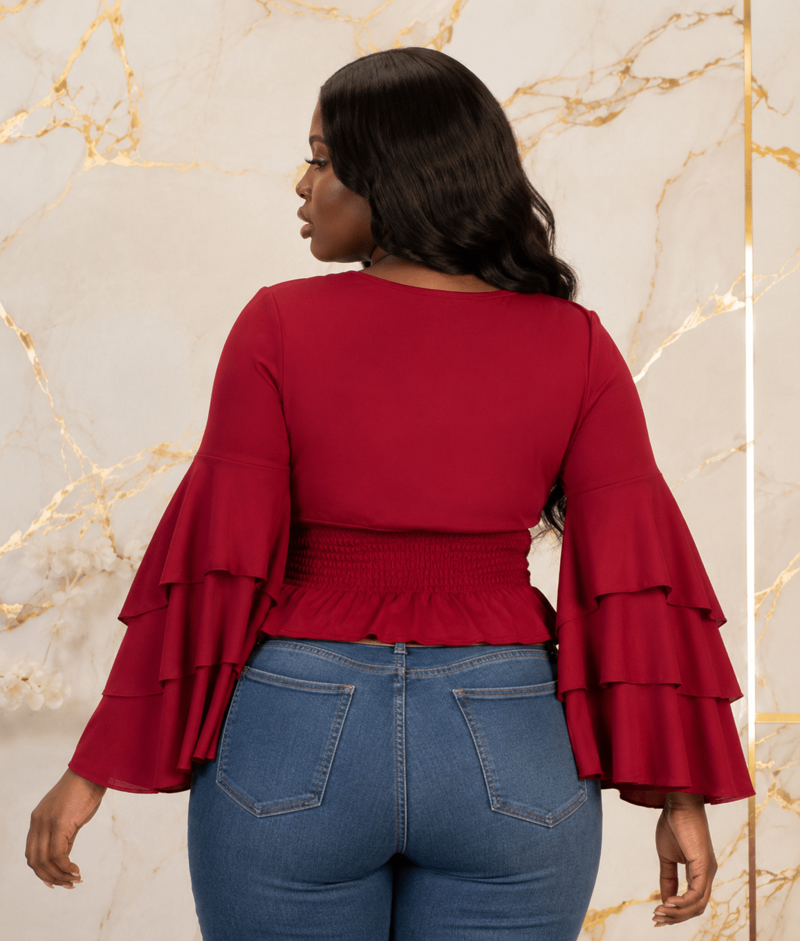 Women’s Tiered Bell Sleeve Smocked Waist Peplum Top – Ruffle Long Sleeve Dressy Blouse – One Size UK 8–12 - Top - Cherubim Aura
