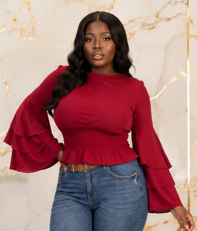 Women’s Tiered Bell Sleeve Smocked Waist Peplum Top – Ruffle Long Sleeve Dressy Blouse – One Size UK 8–12 - Top - Cherubim Aura