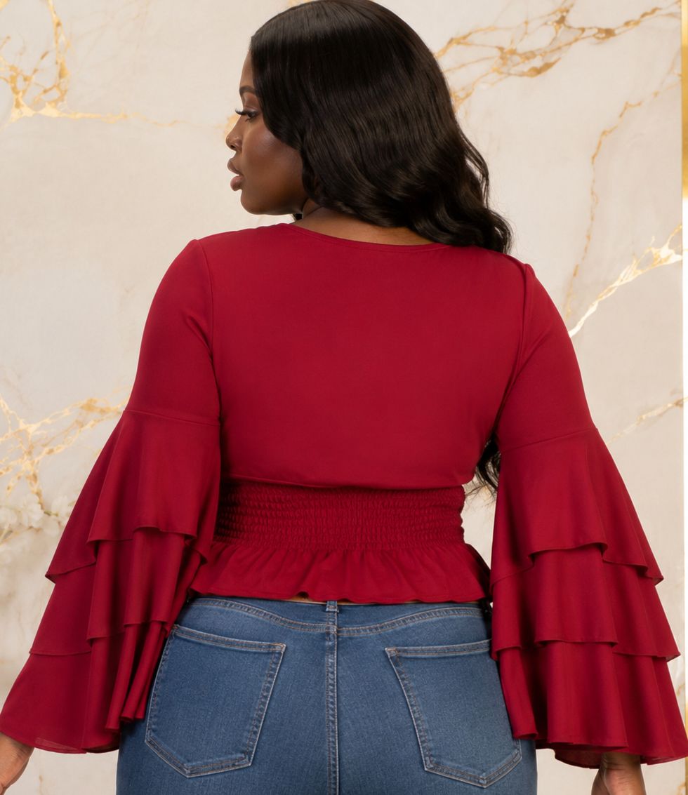 Women’s Tiered Bell Sleeve Smocked Waist Peplum Top – Ruffle Long Sleeve Dressy Blouse – One Size UK 8–12 - Top - Cherubim Aura