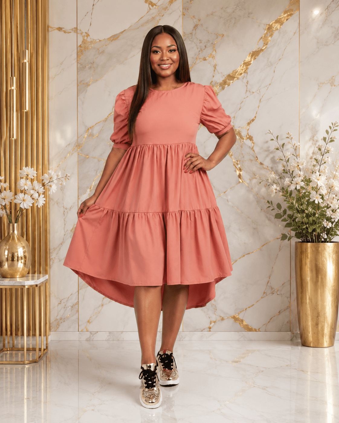 Women’s Tiered High-Low Midi Dress – Elegant Puff Sleeve Round Neck Casual Babydoll Dress - Midi Dresses - Cherubim Aura