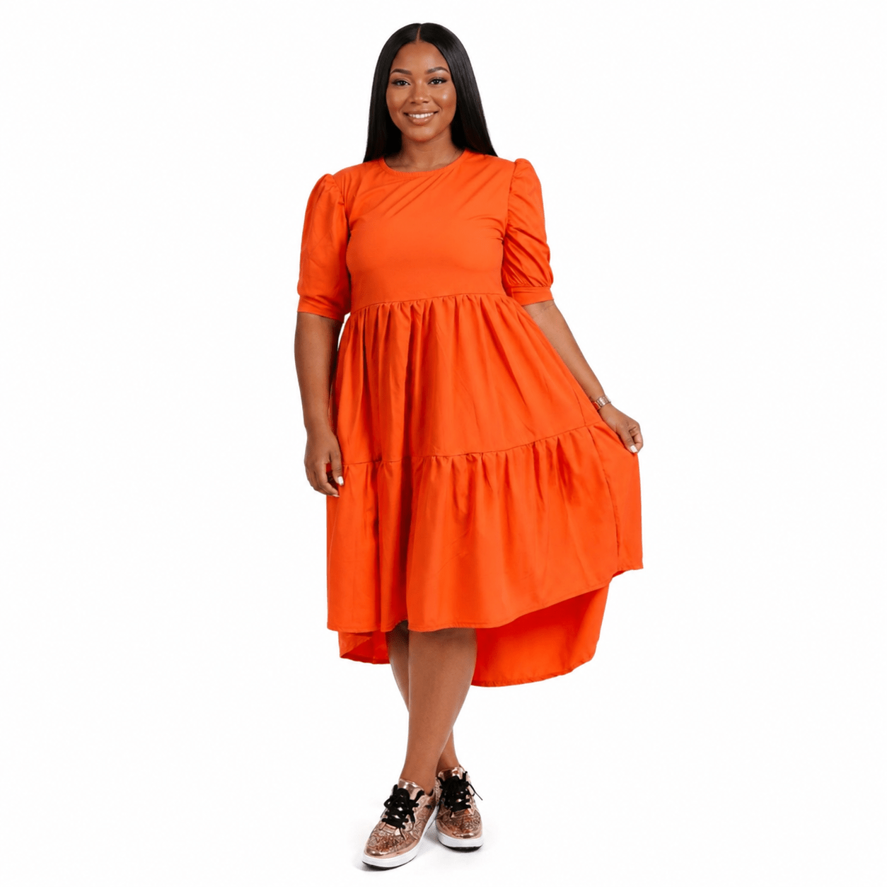 Women’s Tiered High-Low Midi Dress – Elegant Puff Sleeve Round Neck Casual Babydoll Dress - Midi Dresses - Cherubim Aura