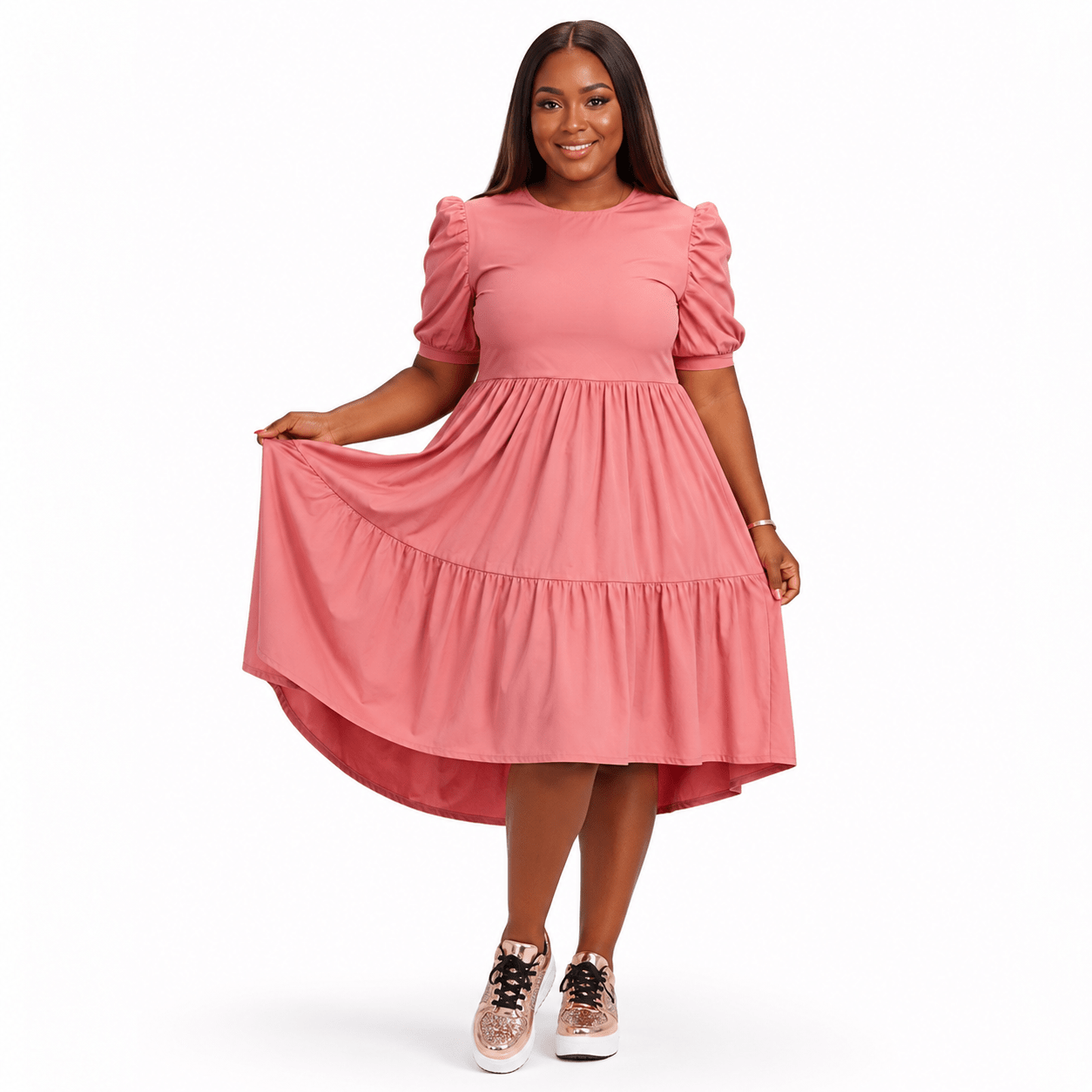 Women’s Tiered High-Low Midi Dress – Elegant Puff Sleeve Round Neck Casual Babydoll Dress - Midi Dresses - Cherubim Aura