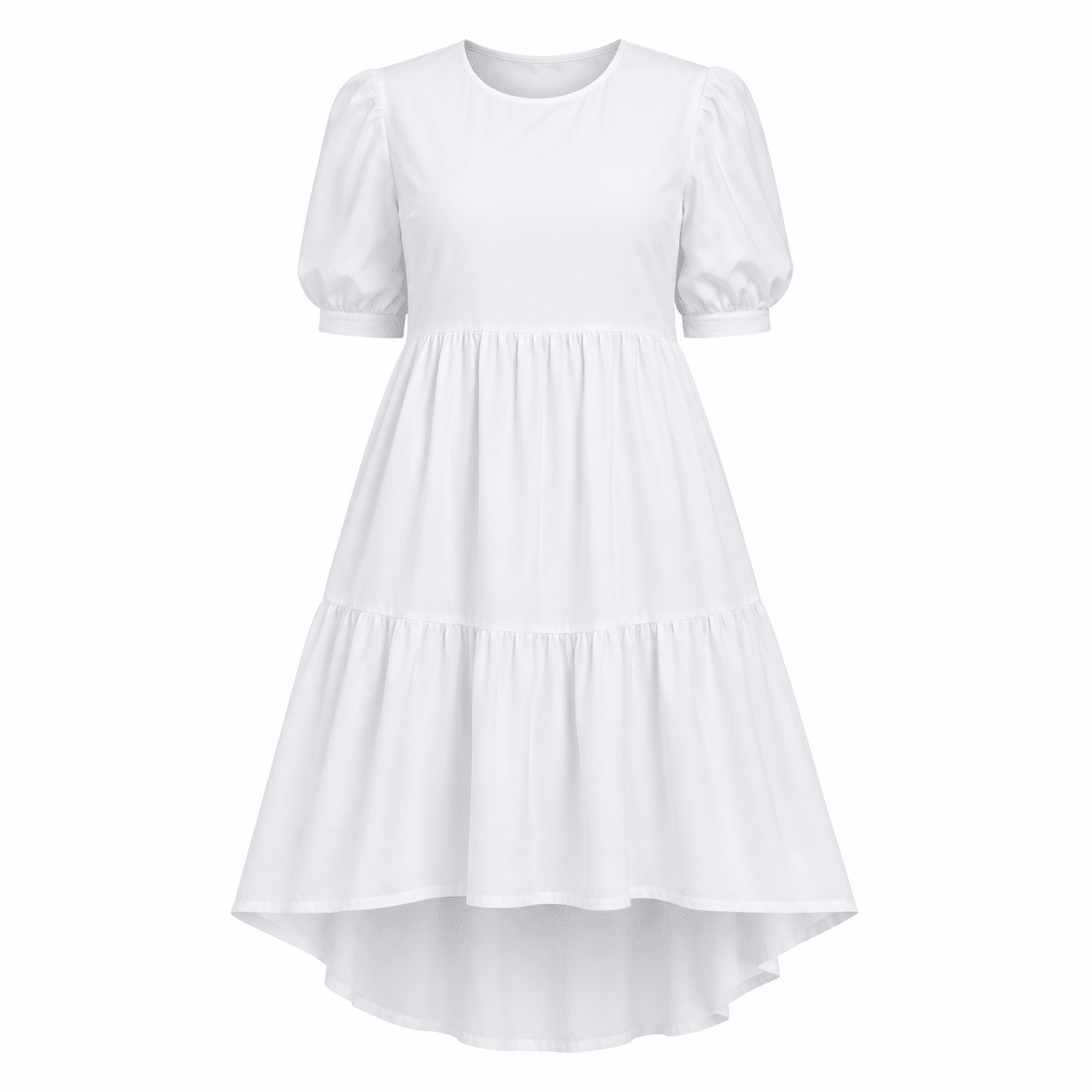Women’s Tiered High-Low Midi Dress – Elegant Puff Sleeve Round Neck Casual Babydoll Dress - Midi Dresses - Cherubim Aura