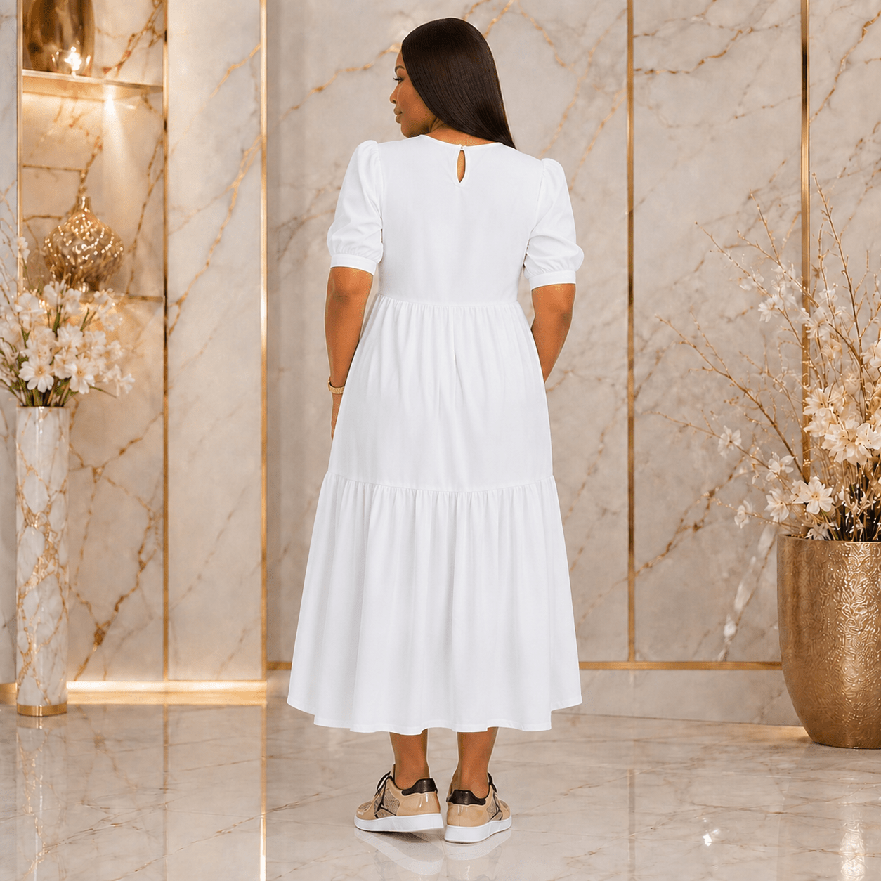 Women’s Tiered High-Low Midi Dress – Elegant Puff Sleeve Round Neck Casual Babydoll Dress - Midi Dresses - Cherubim Aura