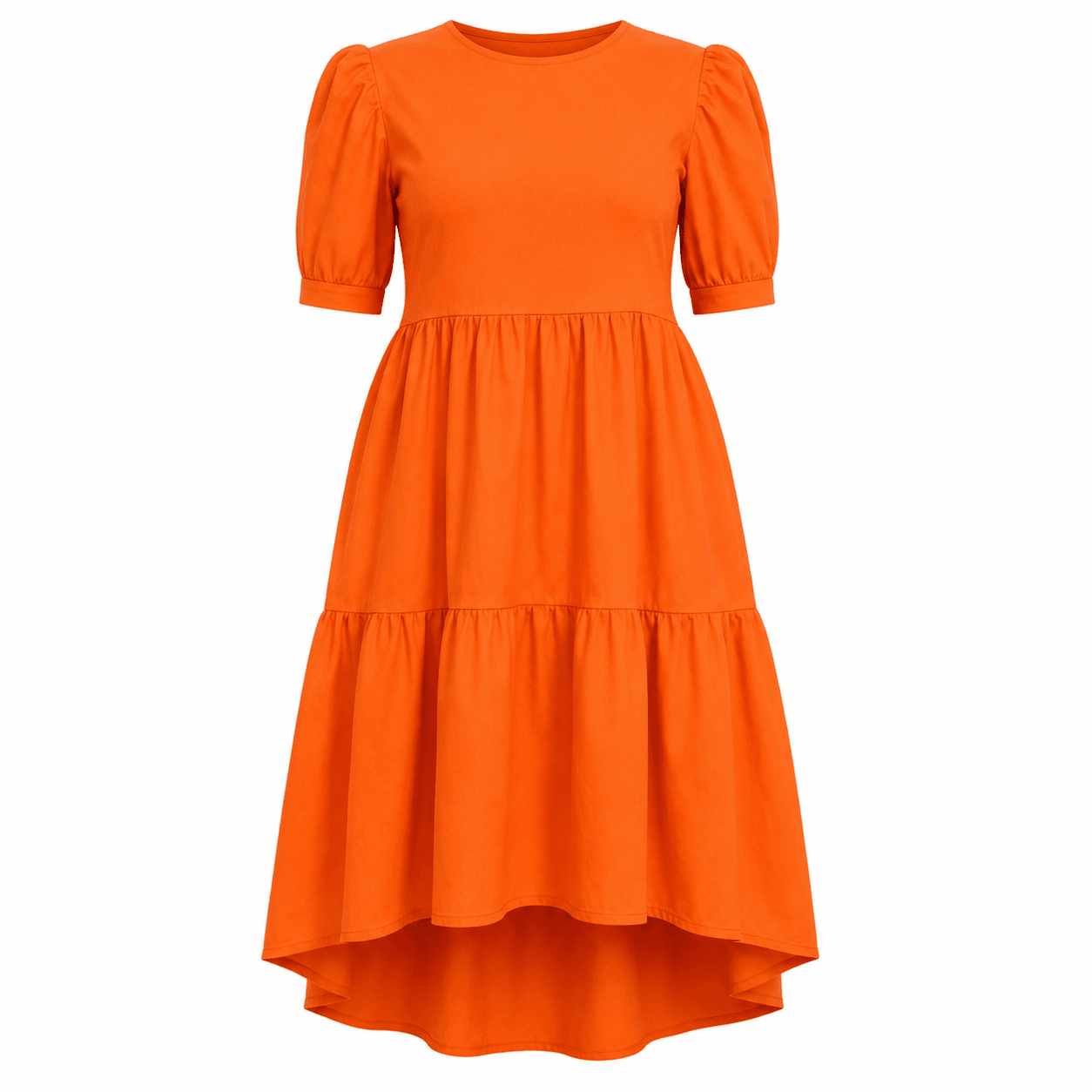 Women’s Tiered High-Low Midi Dress – Elegant Puff Sleeve Round Neck Casual Babydoll Dress - Midi Dresses - Cherubim Aura