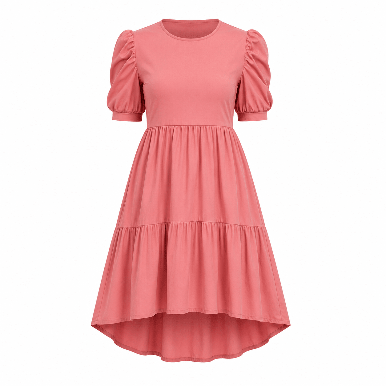 Women’s Tiered High-Low Midi Dress – Elegant Puff Sleeve Round Neck Casual Babydoll Dress - Midi Dresses - Cherubim Aura